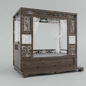 中式单人床3D模型下载